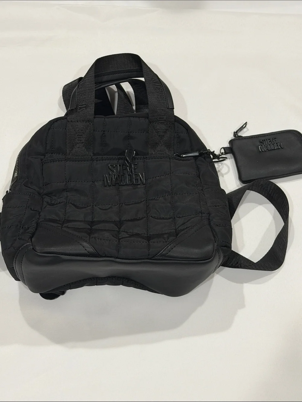 Steve Madden Black Quilted Nylon Mini Backpack with Coin Pouch